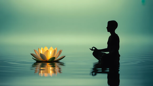 Silhouette of a person meditating in water beside a glowing lotus flower