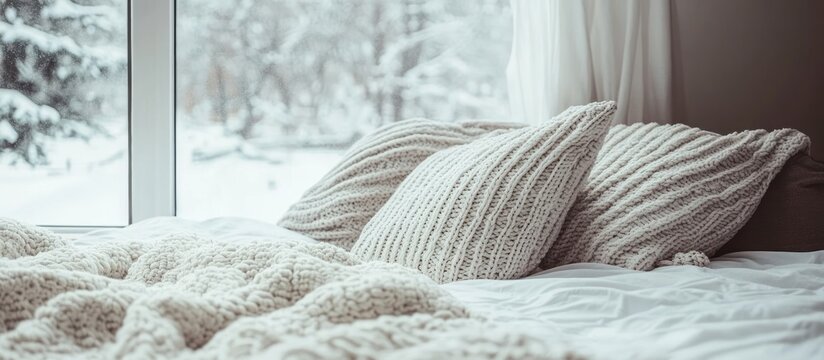 Cozy winter bedroom with snow outside