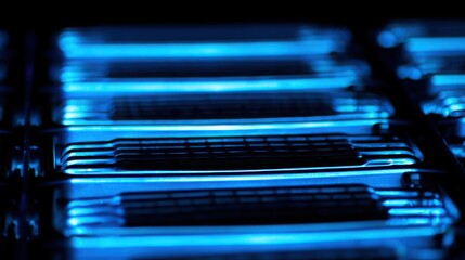 cables. Close-up view of illuminated server components in a data center with cool blue lighting. product launch decks, UI/UX mockups, designed for data visualization dashboards and holographic UIs.