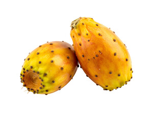 Two prickly pear fruits, yellowish-orange, overlapping, isolated on black