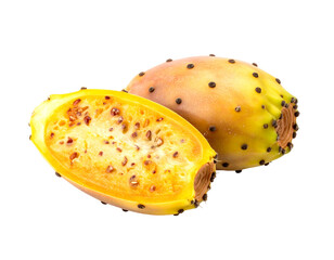 Two halves of a bright yellow-orange prickly pear cactus fruit