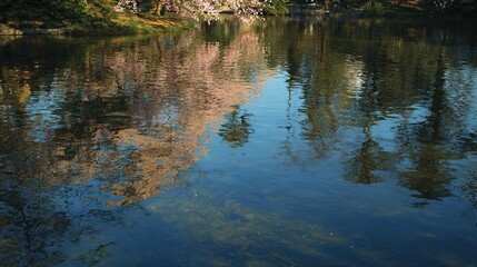 Obraz premium Soft Pastel Reflection of Pink and Orange Cherry Blossoms on a Calm Pond. Serene Nature, Tranquil Scene.