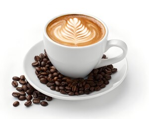 Obraz premium Cup of coffee with latte art and coffee beans isolated on white background