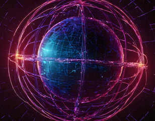 A globe of a planet surrounded by neural neon nexus lines, grid, and nodes. Creative concept of technological progress, the World Wide Web banner.  Planet Earth in the sky.