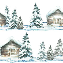 Winter landscape snow covered cabin with snowy spruce tree seamless pattern. Wooden house and Christmas fir Watercolor hand drawn cozy fabric design. illustration isolated from background for holiday