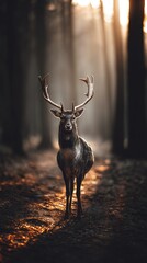 Deer in forest at sunrise