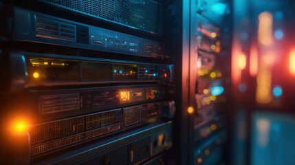 cables. Close-up view of illuminated server components in a data center with cool blue lighting. product launch decks, UI/UX mockups, designed for data visualization dashboards and holographic UIs.