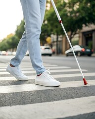 Person walking across a street with a white cane