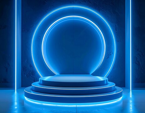 Blue neon circles on a podium - Powered by Adobe