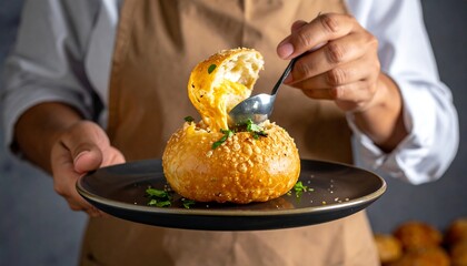 Chef serving bread bowl soup