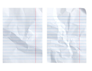 Two crumpled lined pages, separated, depicting lined paper