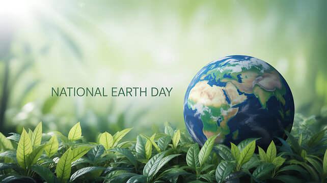Earth Day illustration featuring a globe surrounded by green foliage with text 'National Earth Day'