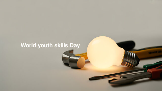 World Youth Skills Day celebrated with tools and a glowing light bulb symbolizing innovation and hands-on learning