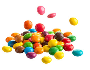 Colorful, round candies in various colors, piled high, some in mid-air