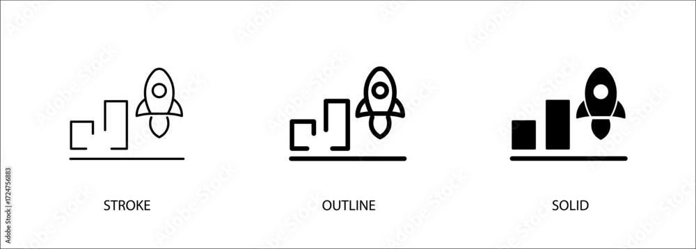 Wall mural bar chart icon with rocket for fast growth, startup, development. editable vector stroke icon, outli