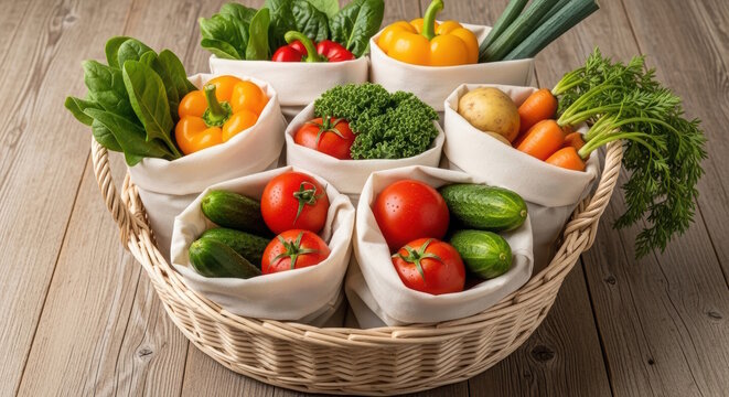 Fresh organic vegetables arranged in a woven basket, featuring vibrant colors and textures, showcasing healthy eating and sustainable living concepts