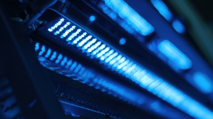 cables. Close-up view of illuminated server components in a data center with cool blue lighting. product launch decks, UI/UX mockups, designed for data visualization dashboards and holographic UIs.