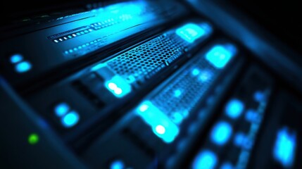 cables. Close-up view of illuminated server components in a data center with cool blue lighting. product launch decks, UI/UX mockups, designed for data visualization dashboards and holographic UIs.