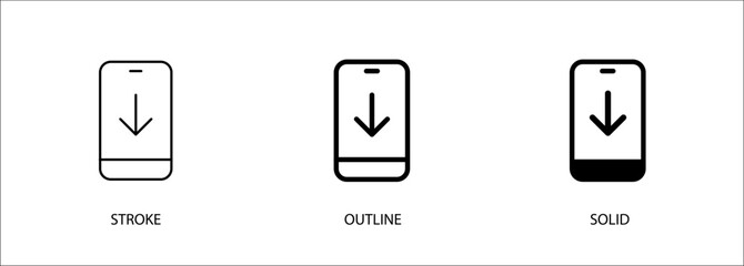 Phone icon with download arrow for download to phone, storage, file download. Editable stroke vector icon, outline and solid. Eps10 file.