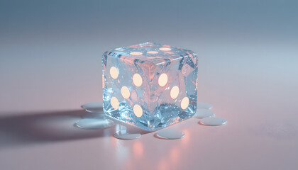 Crystal clear dice with illuminated pips glowing brightly, symbolizing chance and opportunity for your next project.