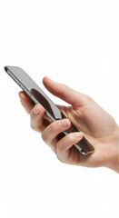 A hand holds a dark gray smartphone, angled slightly, against a plain white background.
