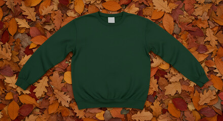Dark green sweatshirt resting on a bed of autumn leaves. Blank garment laid flat on colorful foliage. Blank sweatshirt for customization. outdoor setting.