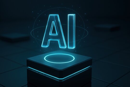 Glowing AI letters as hologram emerging from tech pedestal with orbiting dots in dark neon environment for artificial intelligence concepts