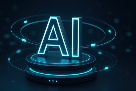 Neon AI letters on circular pedestal with dynamic orbit rings and floating particles in dark tech studio visualization
- Powered by Adobe