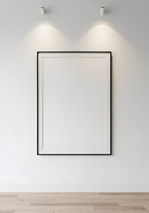 Empty black framed picture on a light beige wall with hardwood flooring. Modern minimalist interior design element showcased in a neutral color palette.