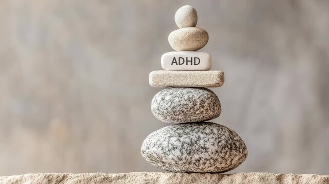Stacked stones with ADHD pill at center, symbolizing balance and medication