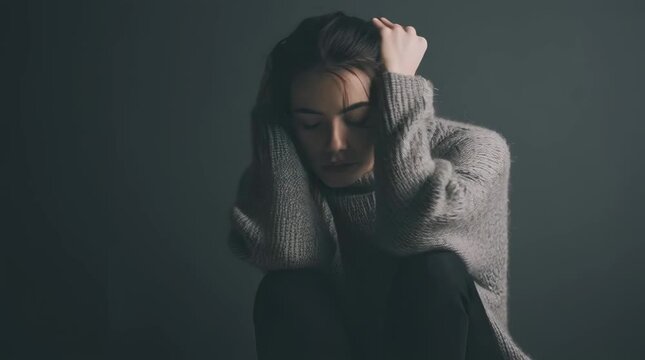 
a sad woman hugging her knees with both hands, wearing an oversized gray sweater and black pants in the dark room, close-up, in the style of real photography, emotional expression, cold tones, soft l