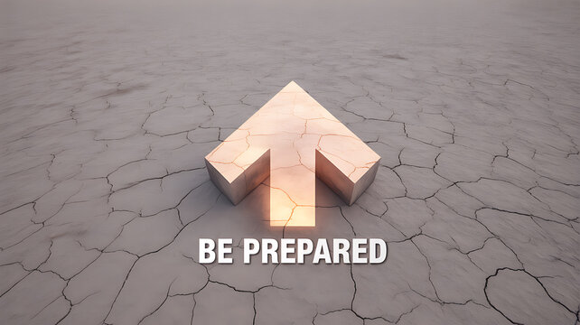 A glowing upward arrow on cracked earth with the text 'BE PREPARED'