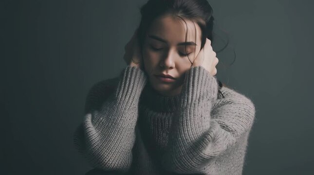 
a sad woman hugging her knees with both hands, wearing an oversized gray sweater and black pants in the dark room, close-up, in the style of real photography, emotional expression, cold tones, soft l