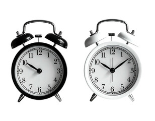 Two black and white alarm clocks, side-by-side, showing different times