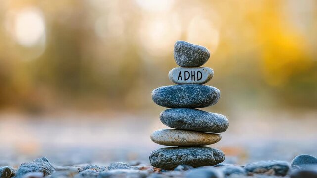 Stack of stones outdoors with "ADHD" written on top stone