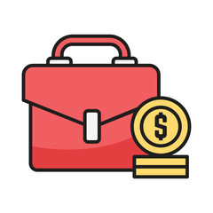 Red briefcase with stack of gold coins with dollar sign