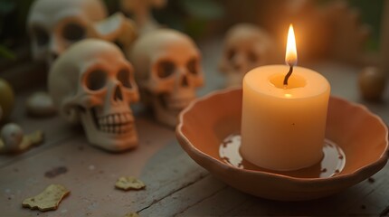 Burning Candle Among Decorative Skulls on Wooden Surface