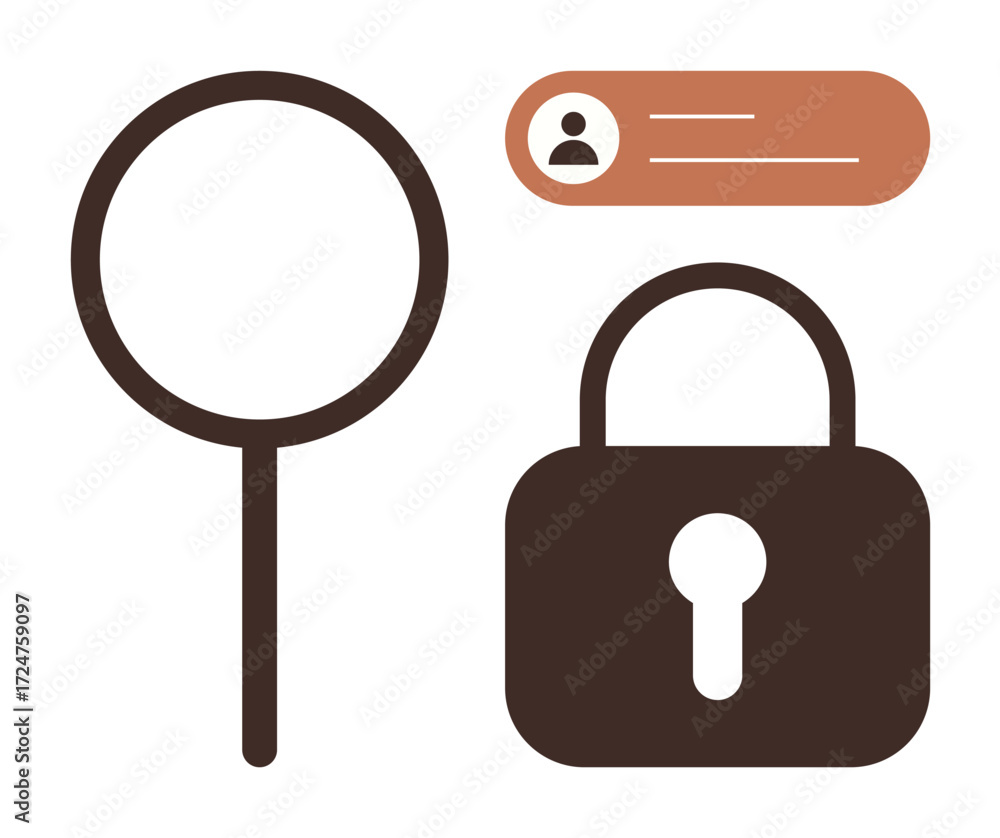 Poster magnifying glass, user profile with track information, and secure padlock highlight data search, ide