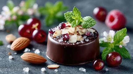 Dark Chocolate Praline with Almonds and Cranberries on Slate Surface with Mint Garnishes in Cinematic Lighting
