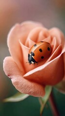 Ladybug on peach rose petals