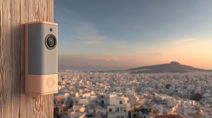 Modern security camera mounted on weathered wood, overlooking a cityscape at sunrise.