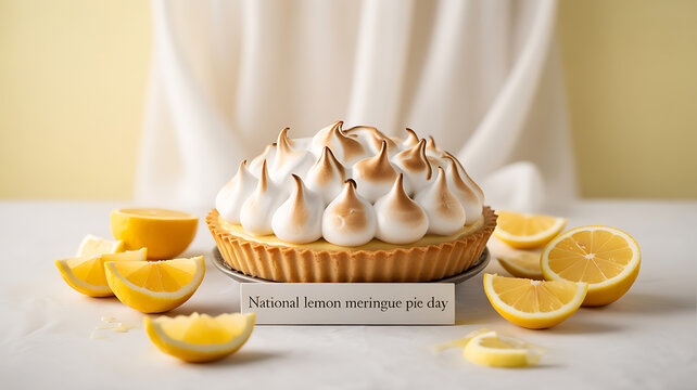 A lemon meringue pie with toasted meringue topping is displayed on a white surface, surrounded by lemon slices, with a soft yellow background and a sign reading 'National lemon meringue pie day'.