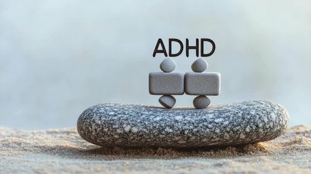 Abstract stone figures with "ADHD" text on flat rock