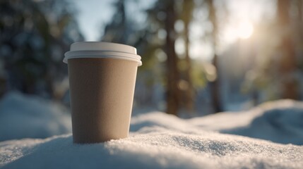 Paper coffee cup takeaway mockup resting on snow in forest with sunlight streaming through trees  