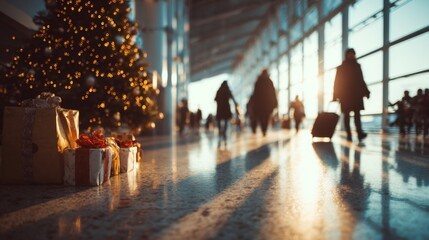 Christmas tree and wrapped gifts at airport during holiday travel  