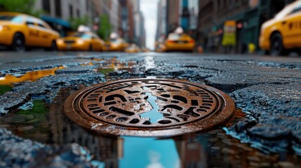City skyline mirrored in a puddle on a manhole cover, merging architectural lines with natural surroundings.
