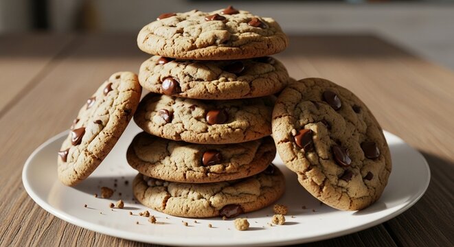 Delicious choco chip cookies in a white plate on wooden table