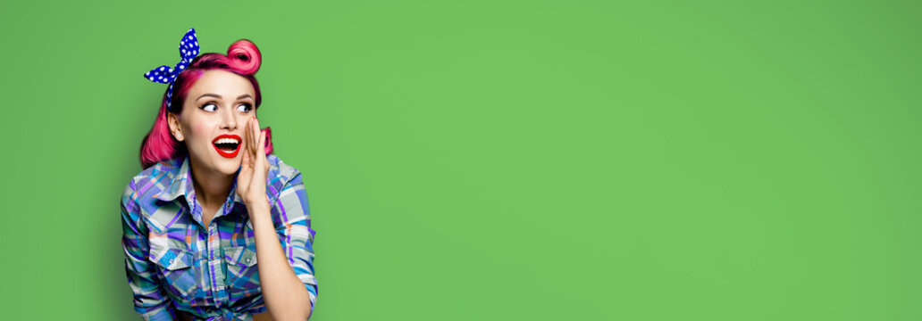 Banner image - beautiful happy smile woman saying advertise yelling. Pin up pinup cute girl, retro fashion vintage ad concept, isolated against green color background with free text space - Powered by Adobe