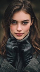 Fototapeta premium Young woman model with long hair wearing leather gloves and sweater in winter, vertical photo 