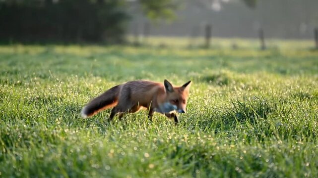 red fox foraging dewy meadow sunrise